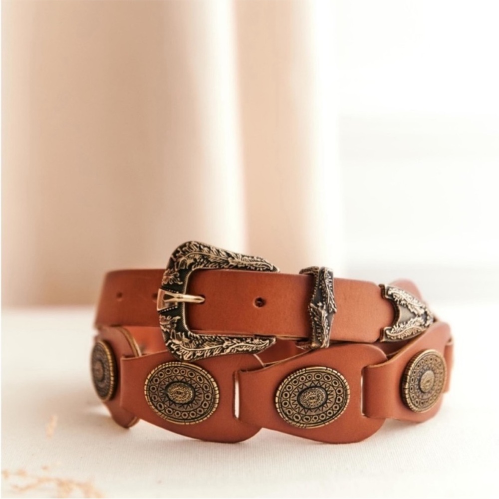 Sezane Brown Leather Belt with Gold Accents